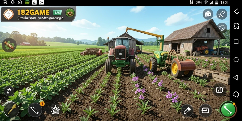 Tampilan gameplay seru dari 182GAME dengan aktivitas bertani dan pengelolaan lahan.