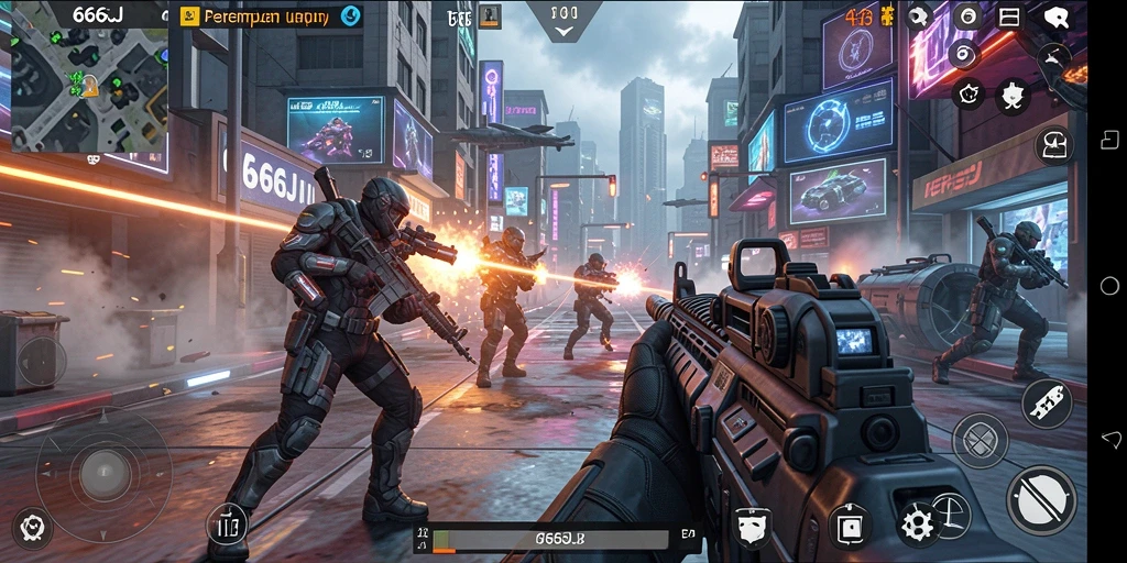 Screenshot gameplay <strong>666J</strong> yang menunjukkan aksi tembak-menembak seru.