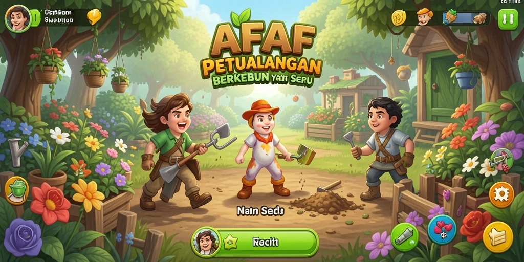 Tampilan layar utama AFAF dengan kebun yang subur.