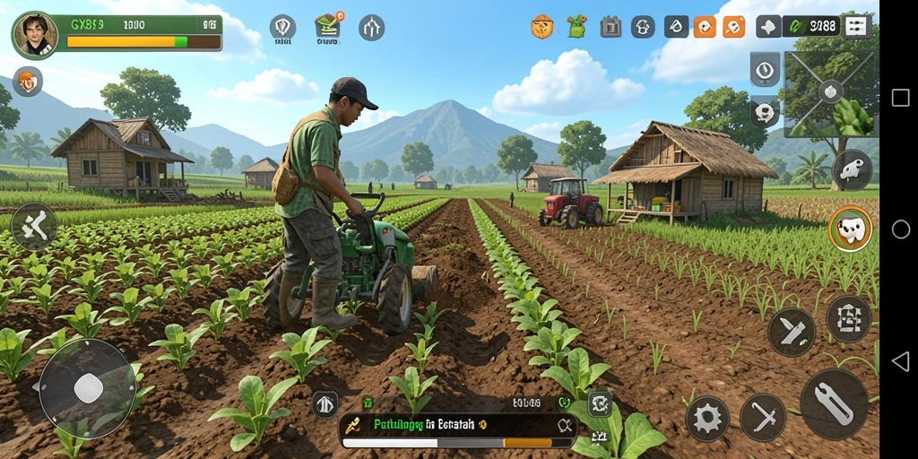 Tangkapan layar gameplay GX88 yang menunjukkan kebun yang subur dan hewan ternak.