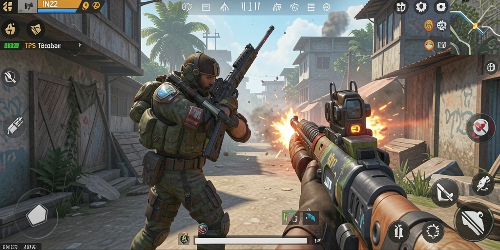 Screenshot gameplay IN22 menampilkan aksi pertempuran yang intens.