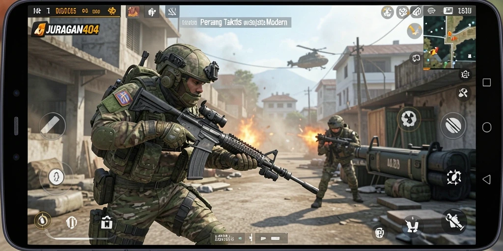 Screenshot gameplay JURAGAN404 dengan aksi pertempuran yang intens.