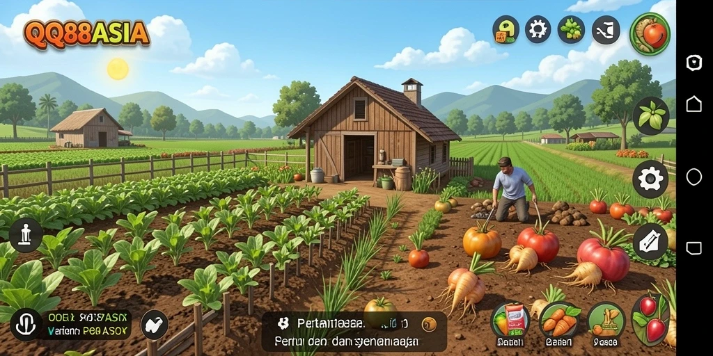 Tampilan gameplay QQ88ASIA yang menunjukkan kebun yang rimbun dan hewan ternak.