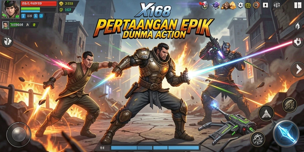 Screenshot X168 menunjukkan pertempuran seru dan karakter beraksi.